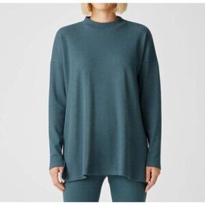 Eileen Fisher Blue Green Waffle Knit Mock Neck Boxy Tunic Top Large